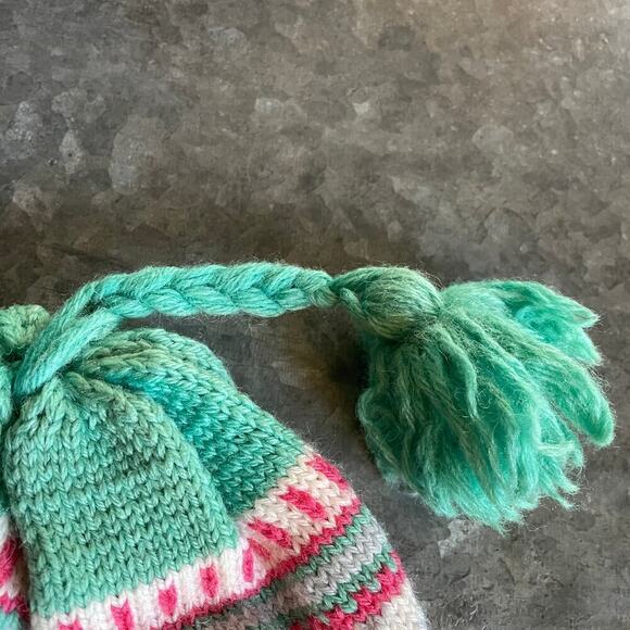 Vintage Fair Isle Wool USA Beanie Hat Cap Mint Green Pink Pom Pom Kidcore Candy - Picture 2 of 8